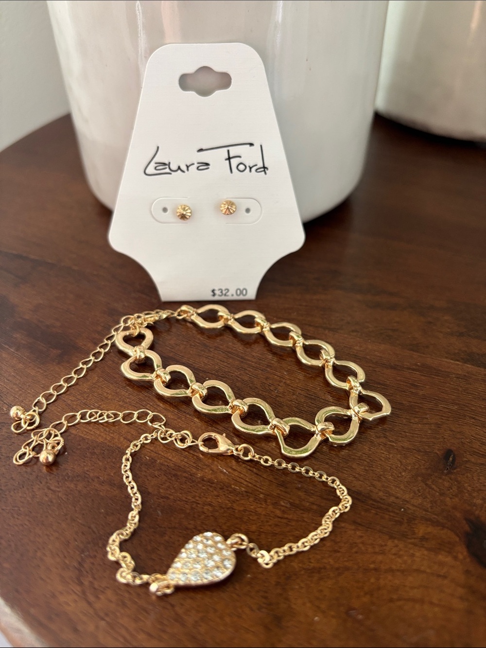 Laura Ford Double Goldtone bracelets,rhinestone heart,stud earrrings